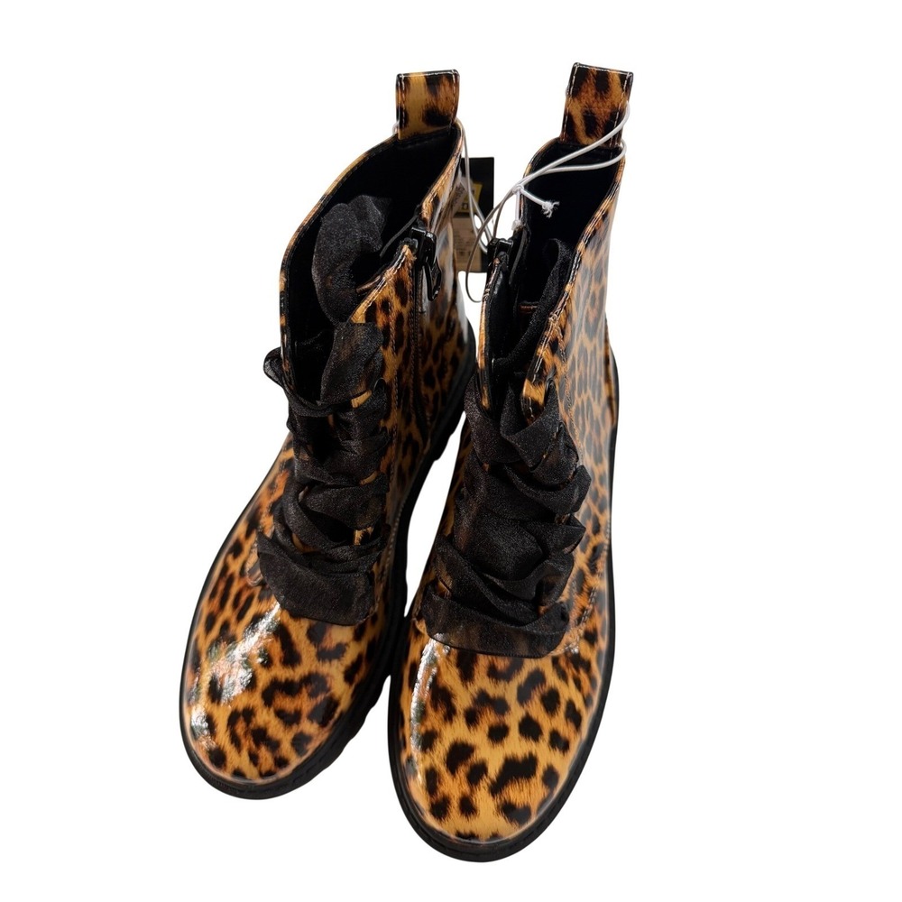 Art Class Kayden Leopard Print Combat Boots Tan Black Lug Sole Kids Size 4 - Picture 3 of 5